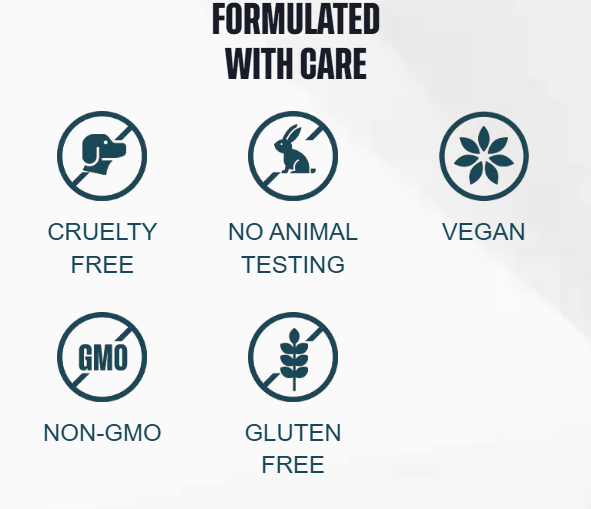 Formulated with care — cruelty free, no animal testing, vegan, non-GMO, gluten free