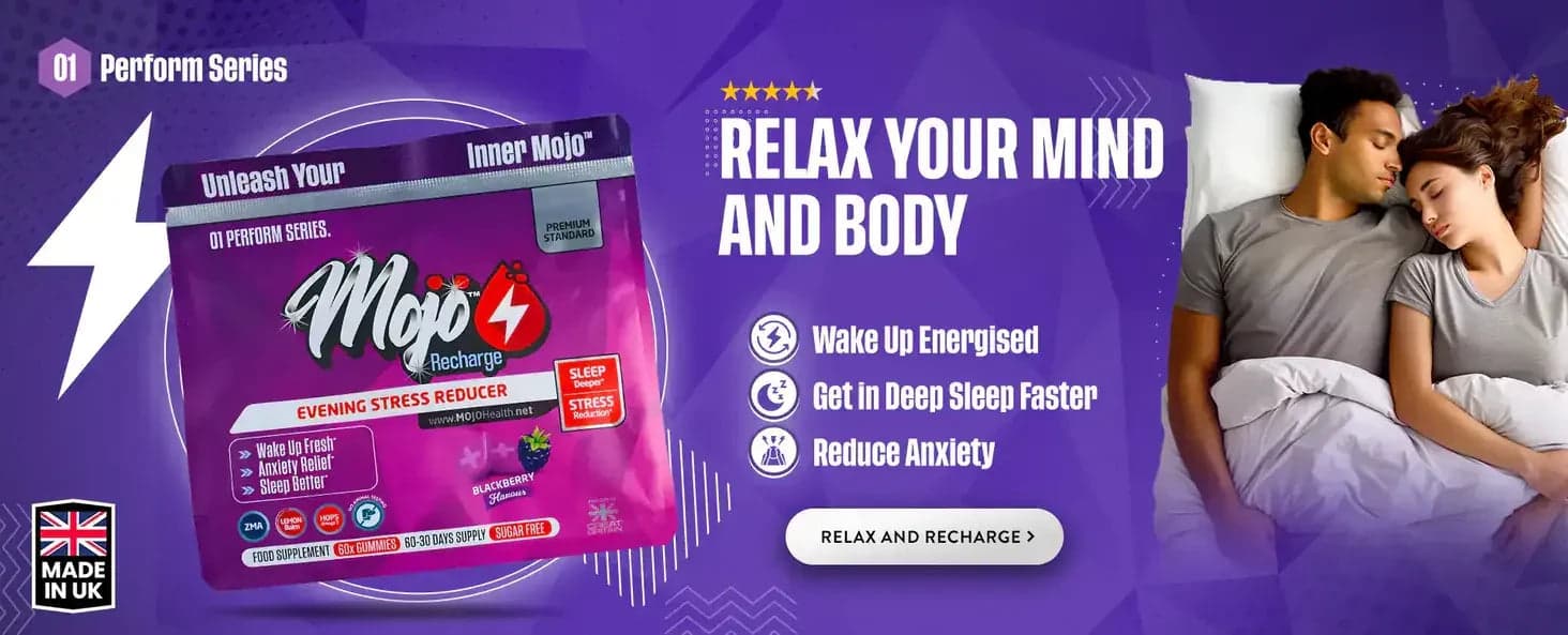 Mojo Recharge evening stress reducer — relax your mind and body: wake up energised, get in deep sleep faster, reduce anxiety. Relax and recharge.