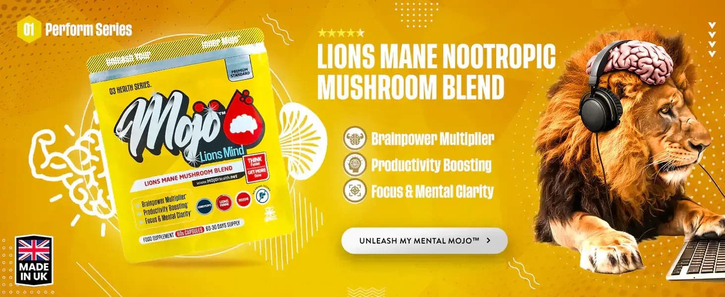 Mojo Lions Mind — lions mane nootropic mushroom blend: brainpower multiplier, productivity boosting, focus and mental clarity. Unleash my mental Mojo.